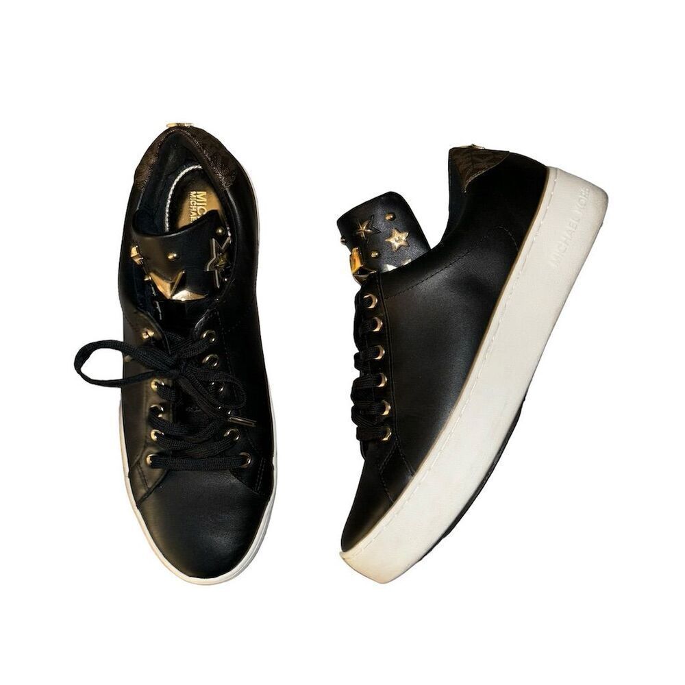 Michael Kors Mindy Women's Black Leather Gold Star Casual Sneakers - Picture 5 of 14